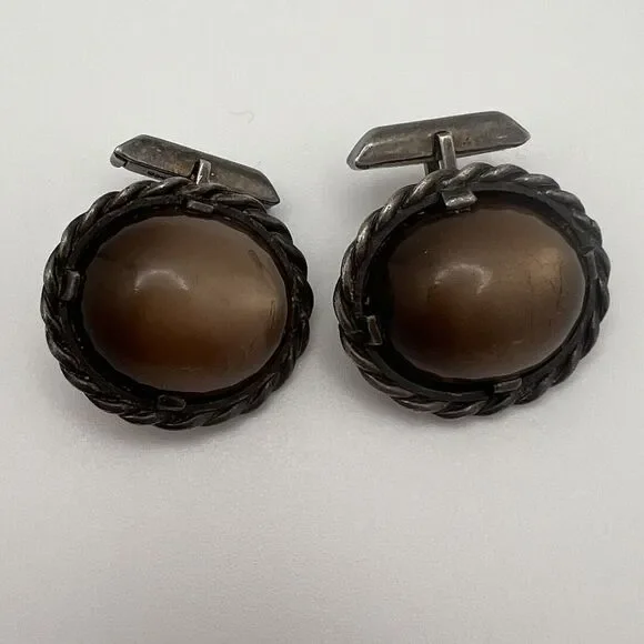 Vintage Ed Harris Sterling Silver Tigers Eye Agate‎ Modernist Handmade Cufflinks
