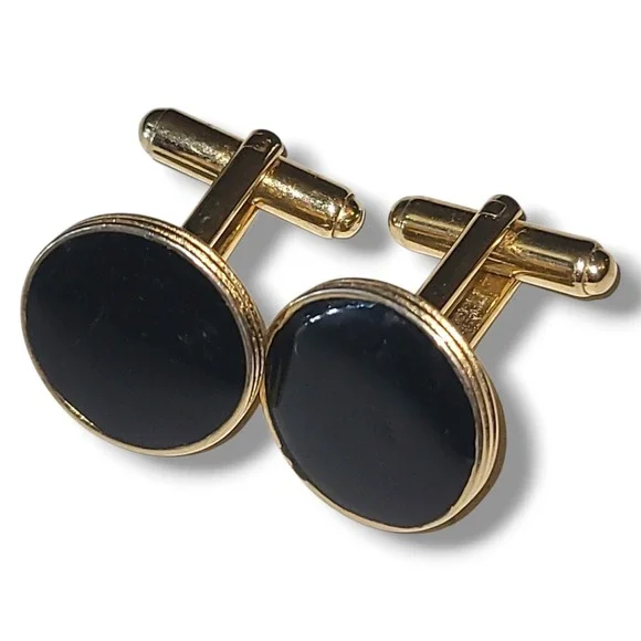 Vintage Gold Tone Black Enamel Cufflinks Round Classic Mens‎ Formal