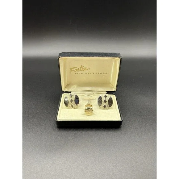Vintage Foster Gold Tone Cufflinks Tie Clip Bar Set w/ Original Case Jewelry