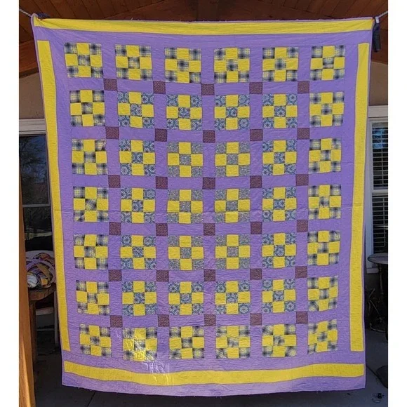 Handmade Nine Patch‎ Quilt Purple Yellow Full Queen Cottage Farmhouse 86 x 74