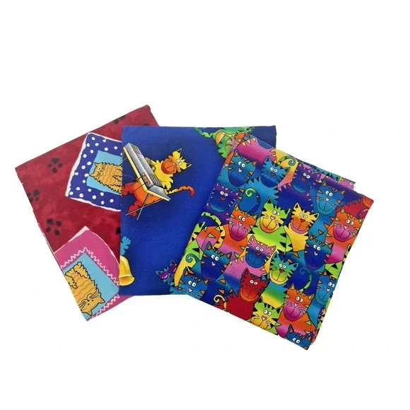 ⚜️Lot of‎ 3 Half Yds Colorful Cats Cotton Quilt Craft Fabrics 1.5 yds Total