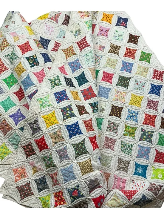 Vintage hand stitched cathedral window multicolored quilt 79 x 97 USA made