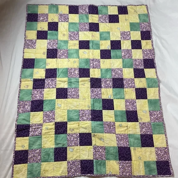 Hand Made Quilt Throw Lap Blanket Crib Purple Yellow Green Wall Hanging