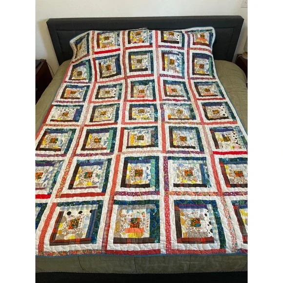Vintage Handmade Log Cabin Patchwork Quilt Heart Quilted Multicolor 63x88