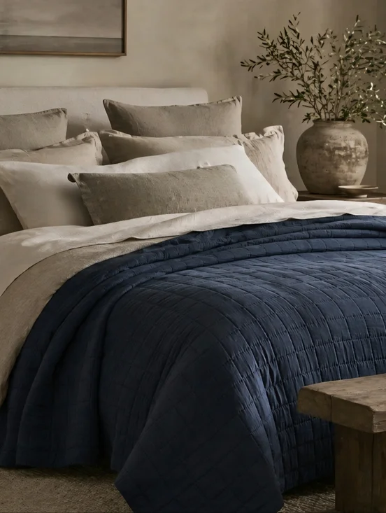 Textured Cotton Grid Stitch Quilt Navy Full/Queen | Studio McGee Designer Look