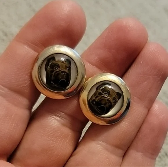 Rare VINTAGE Glass Intaglio Enamel Boxer Dog Cufflinks By Pioneer 3/4