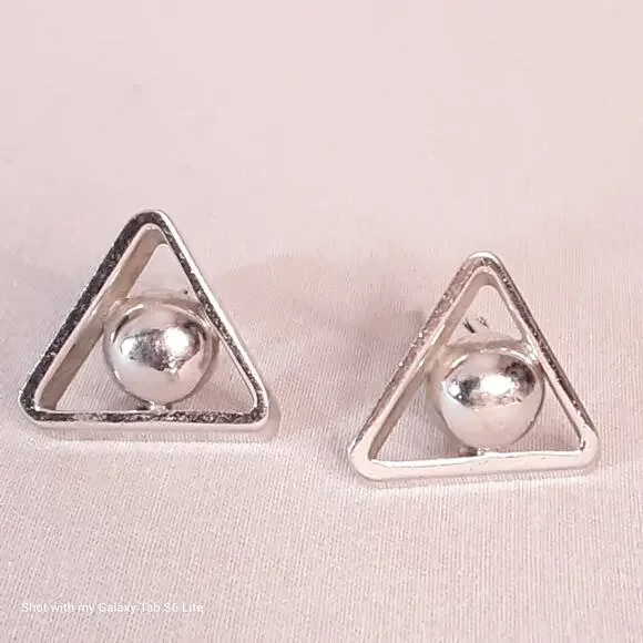 💎Silver Tone Cuff Links Geometric Ball In Triangle