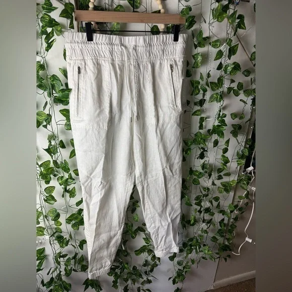 Athleta Joggers Womens White Cabo Linen Pants Zip Pockets Drawstrings