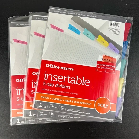 Office Depot Insertable 5-Tab Dividers Rounded & Multicolored Tabs **Lot of 3**