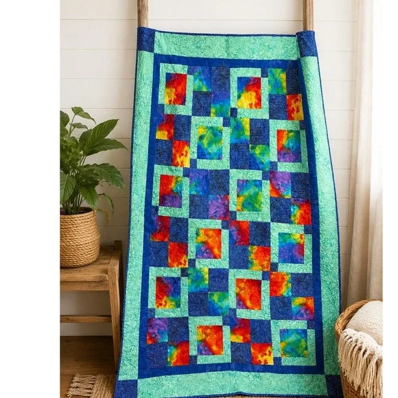 Handmade Batik Topper Quilt 44x60 Reversible Rainbow Patchwork Throw