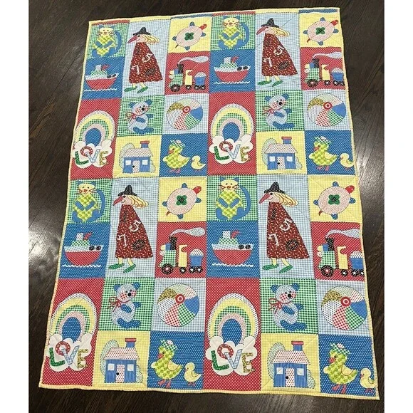 Vintage‎ 70's Quilted Blanket Train Cat Bear Turtle Spring Mills Cotton 59”x42”