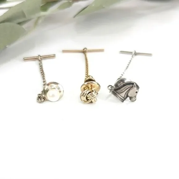 Vintage Bundle of 3 Tie Tacks Horse Pearl Knot Gold Silver