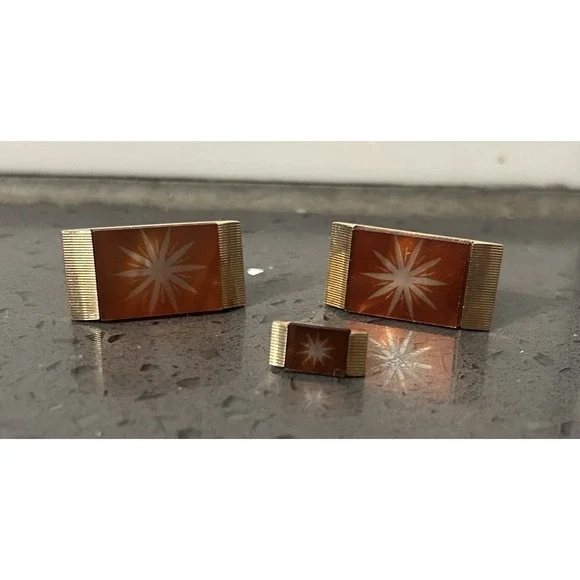 Mid Century Gold Tone Sunburst Cufflinks + Tie Clips‎ Vintage Swank Mod Sun