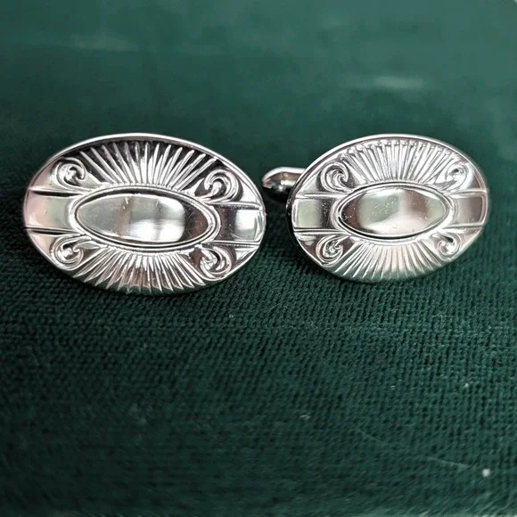 Swank Vintage Silver Tone Oval Sunburst Etched Scroll Mens Cufflinks Bullet Back