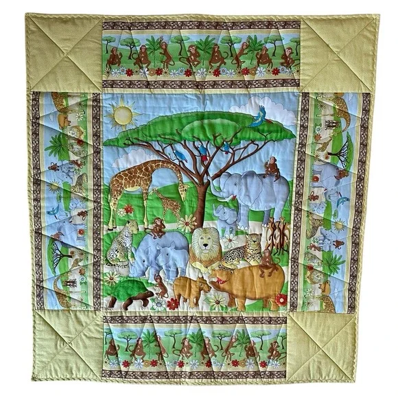 Safari Animals Jungle Baby Quilt or Wall Hanging Multicolor‎ Handmade 39x42 EUC