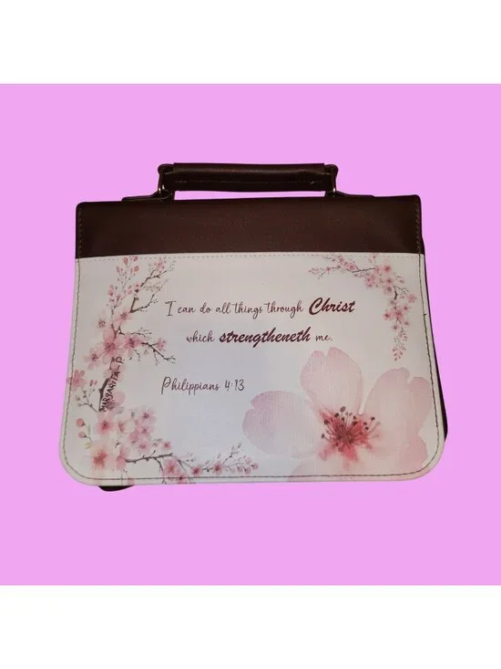 Floral Bible Cover with Philippians 4:13 Verse Brown & Pink Faux Leather