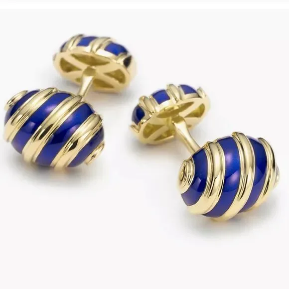 Tiffany Schlumberger Olive Cuff Links 18k‎ Gold Blue Enamel worn once with pouch