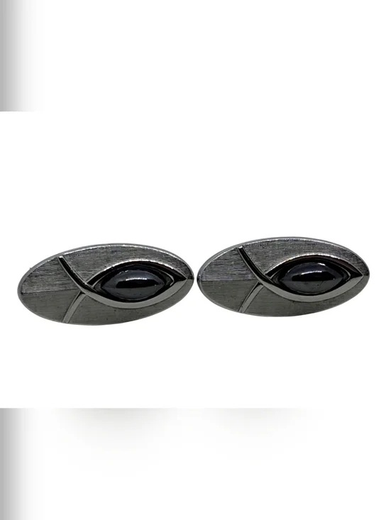 SWANK Vintage Brushed Silver Tone Jesus Fish Cufflinks Hematite Cabochon