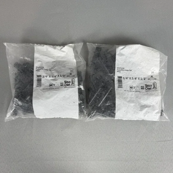 Lot of 2 - Sioux Chief 641PX332 20pcs PowerPEX 3/4 x 3/4 x 1/2 Polymer Crimp Tee