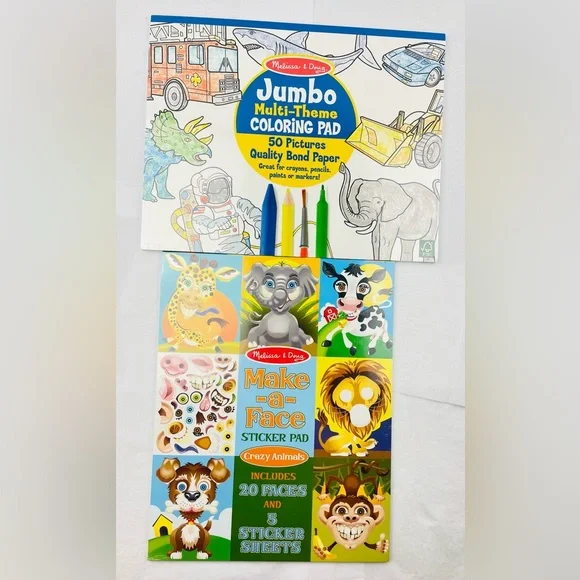 2-Pack ~Melissa & Doug~Jumbo multi-Theme Coloring Pad & Make-a-Face Sticker Pad