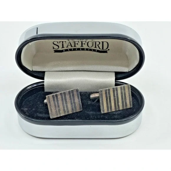 Vintage Stafford Sterling Rectangular Etched Bullet Back Cufflinks w/Metal Box