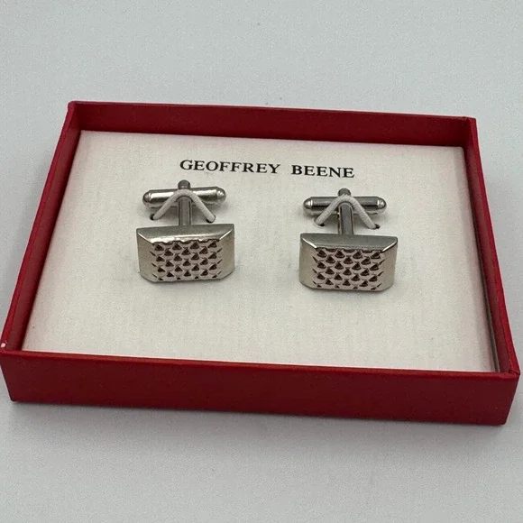 Geoffrey Beene Mens Silver Tone Textured‎ Grid Rectangle Cufflinks 8031-6262/40