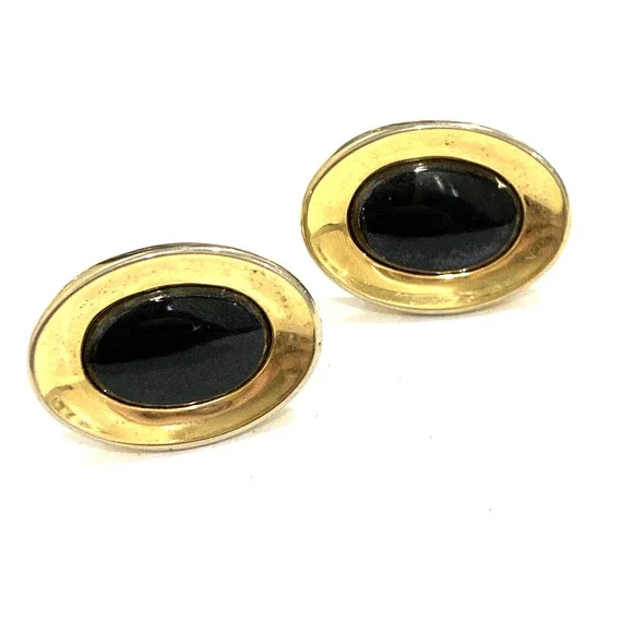 Vintage mens jewelry cufflinks goldtone concave oval retro black polished stone