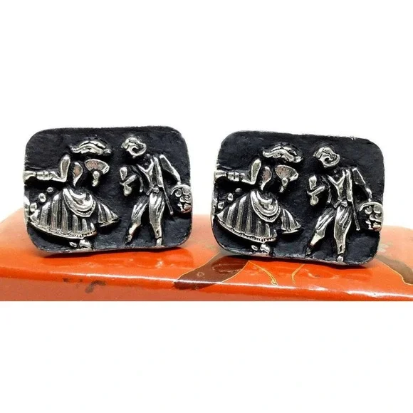 Large Black Enamel Cufflinks Silver Tone Dancing Couple Novelty Mens Deco Dance