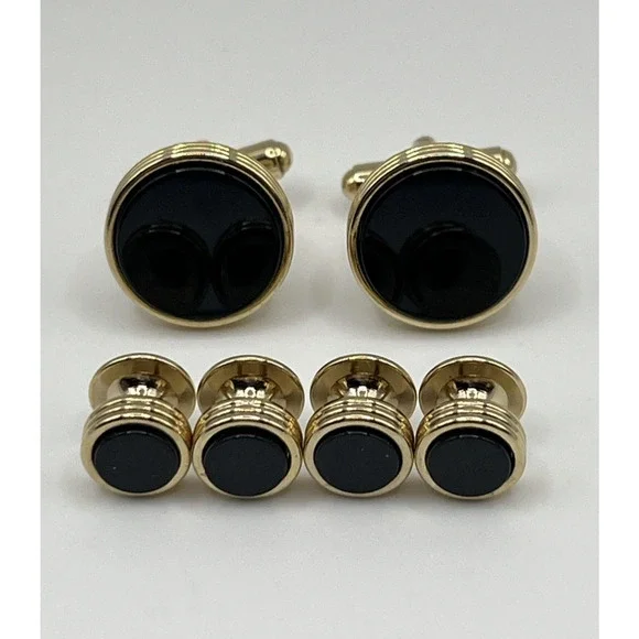 Gold Tone Black Round Cufflinks & 4 Shirt Studs Set Formal Classic