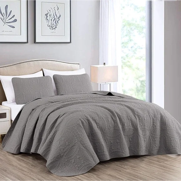 Chezmoi Collection Austin 3Piece Oversized Bedspread Coverlet Set Queen Gray New