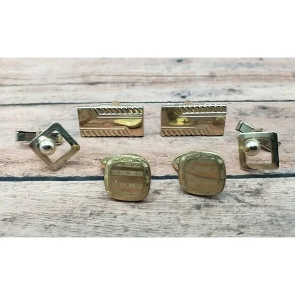 Lot of 3 Pair Gold Tone Cufflinks Oval Textured Rectangle Faux Pearl