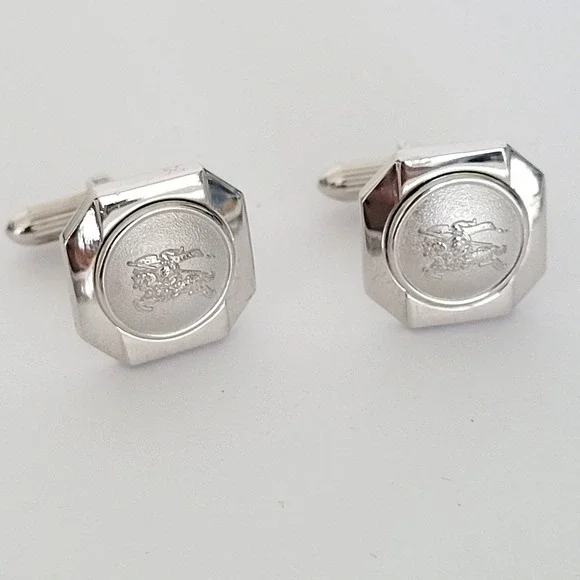 Burberrys Vintage Silver Tone Octagon Prorsum Knight Logo Cufflinks Mens Accesso