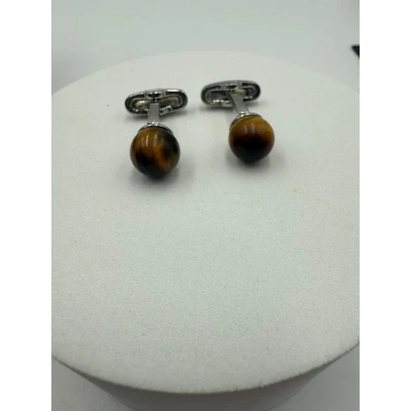 Jos A Bank Tigers Eye Stone Cufflinks Silver Tone Round Sphere Formal Accessory