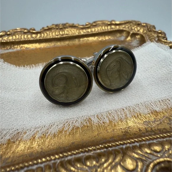 Vintage Round Silver Tone Cufflinks Swirl Center Black Enamel Border Formal Wear