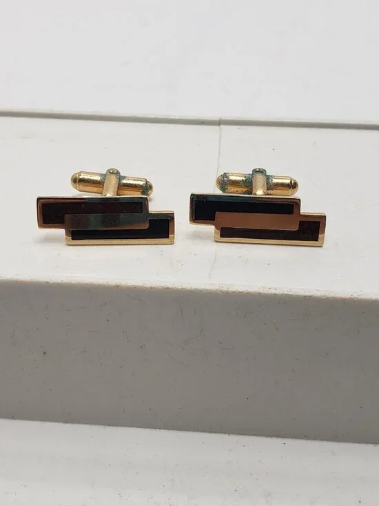 Vintage Gold Tone Black Brown Enamel Geometric Cufflinks Mens Formal