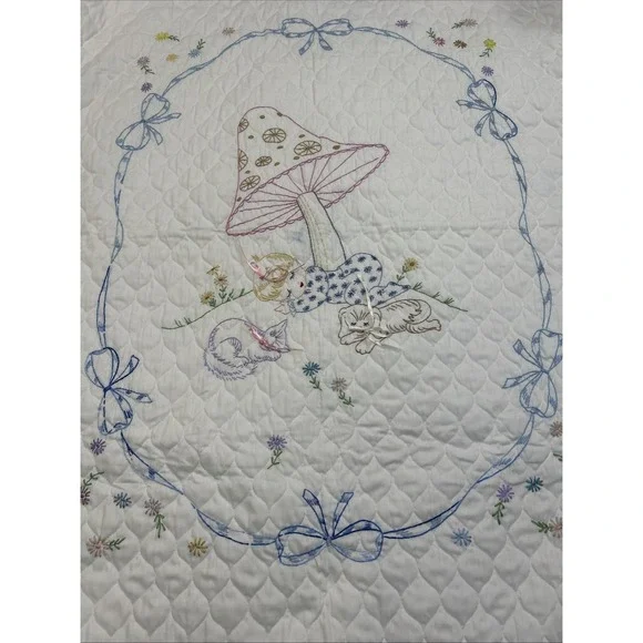 Vintage '73 Hand Stitched Embroidery Baby Quilt Mushroom Kitty Puppy Bows 58x40