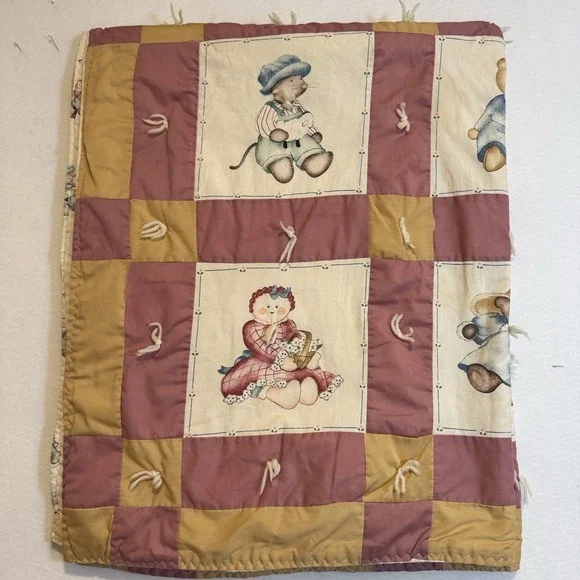 Vintage Reversible Embroidered Tied Baby Quilt 40x50‎ SALLY ANNE