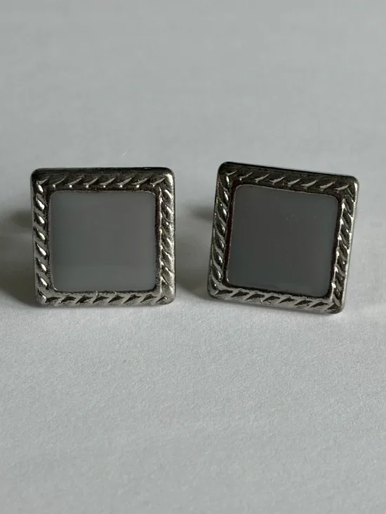 Men’s Silver Tone Cufflinks Square Rope Design Light Gray Inlay Classic Formal