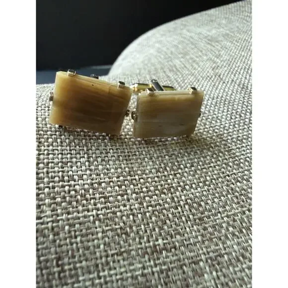 Vintage Semi-Precious Stone Cuff Links Rectangle Gold Tone Business Workwear