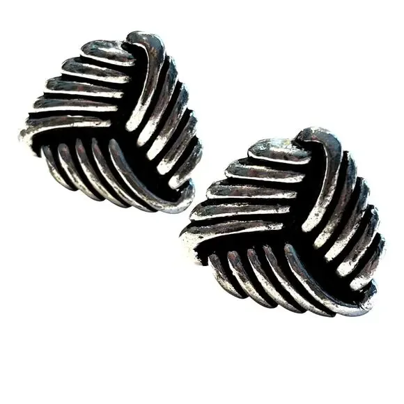 Vintage mid century silver cufflinks dimensional triangular black highlights