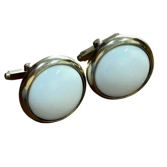 Vintage mid century chunky silver & white button style cufflinks rounds classic