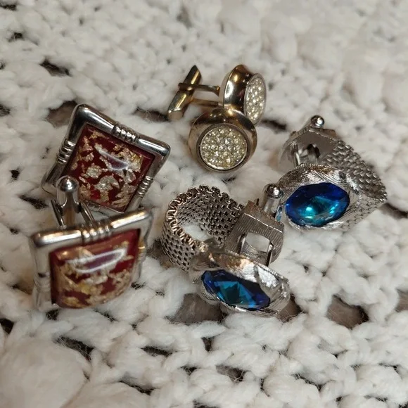 Vtg Lot 2 Swank & 1 Hickok Cufflinks Mesh Wrap Blue Cabochon Luxury‎ Designer