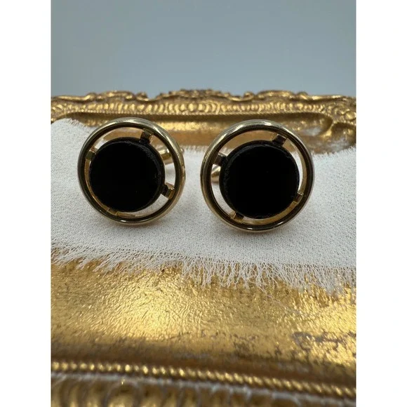 Vintage Gold Tone Round Black Stone Cufflinks Geometric Formal Wedding Mens