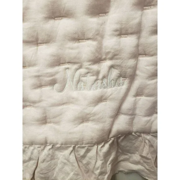 Pottery Barn Ruffle Belgian Linen Baby Quilt Lt Pink 36x50 NWOT Mono Natasha