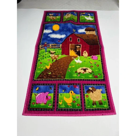 Vintage Handquilted Baby Quilt-Farm Animals~Cow Ducks Chicken Horse~39 x 21.5 In