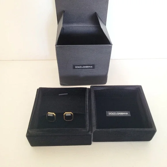 Dolce & Gabbana Mens Cufflinks Gold Tone Black Stone Octagon Made in Italy Box