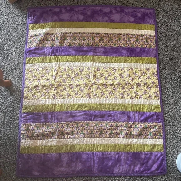 Handmade Floral Striped Quilt Purple Green Cotton Throw Blanket 38