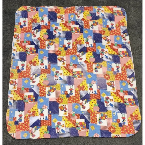 Vintage Handmade Quilted Baby Blanket Holly Hobbie? Denim Patchwork 1970s Floral