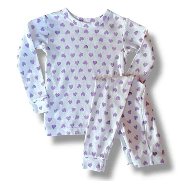 Baby Gap Girls Pajamas Sz 3 Years Purple White Heart Print 2 Pc Organic Cotton