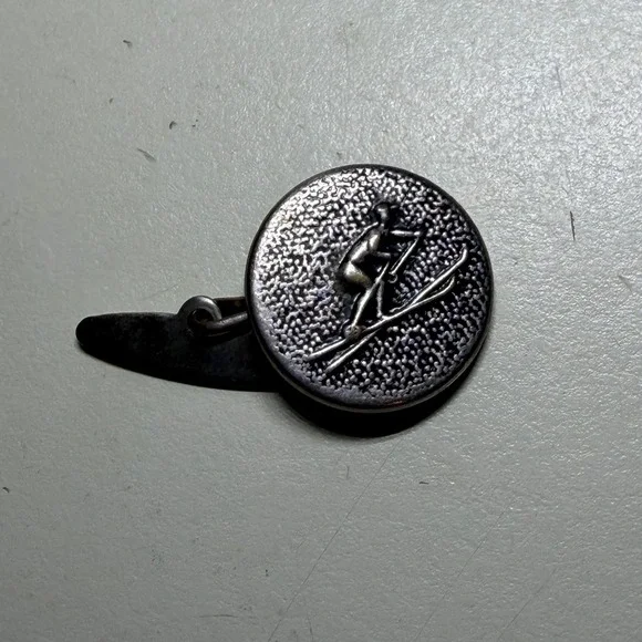 Vintage Silver Tone Downhill Skier Cufflink Single Round Textured Winter Sports